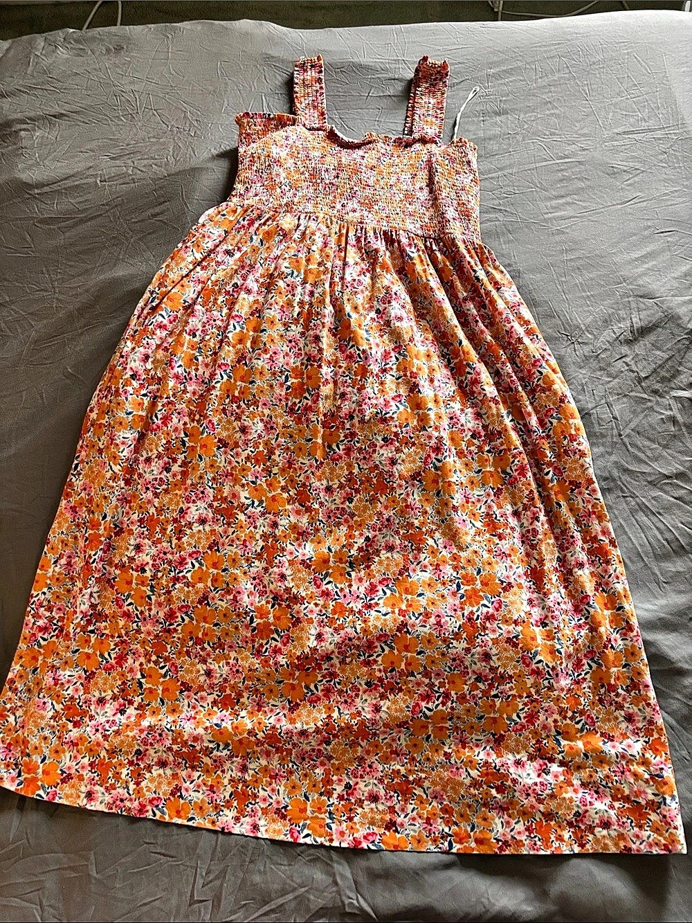 Old Navy Fit & Flare Smocked Midi Dress Orange & Multicolor Large